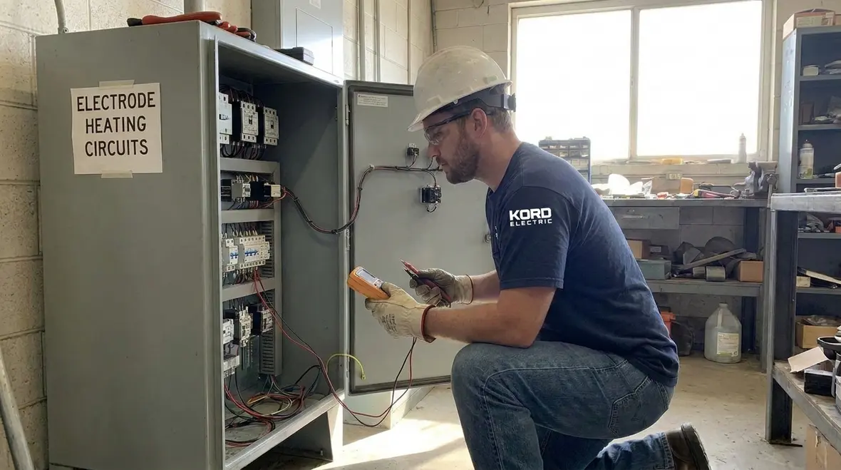 Technician reviewing NFPA 70 Section 685.14 electrode heating control circuits at a commercial facility
