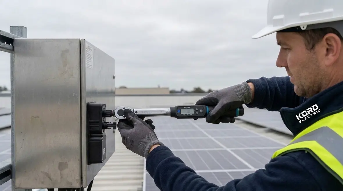 Technicians reviewing NFPA 70 Section 690.32 PV component interconnections on a commercial rooftop solar project
