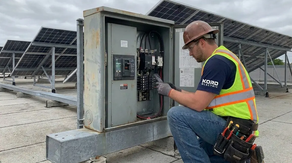 Technician verifying NFPA 70 Section 690.34 PV box access clearance on a rooftop PV installation