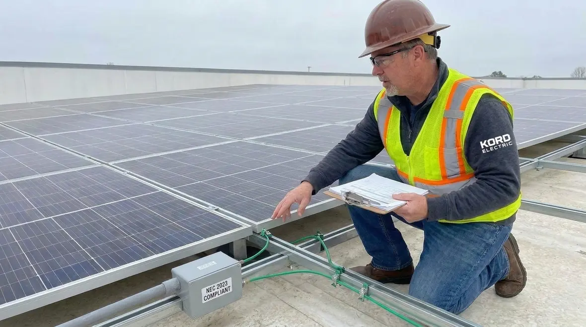 Technicians reviewing NFPA 70 Section 690.42 PV grounding connection point design details
