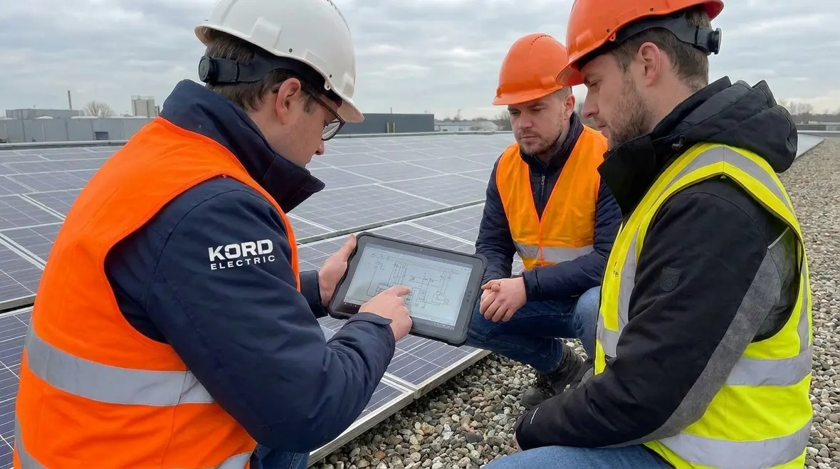 Technicians reviewing NFPA 70 Section 691.4 large-scale PV requirements for a commercial rooftop solar installation