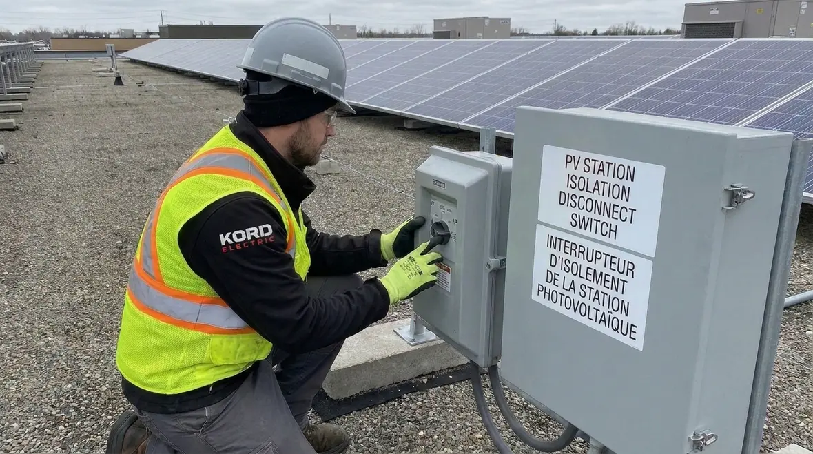 Technician reviewing NFPA 70 Section 691.9 PV station isolation disconnect at a commercial PV station