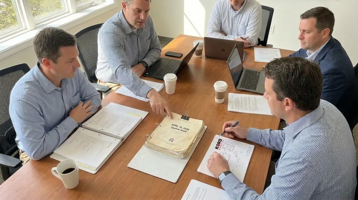 Electrical engineers reviewing 2026 NFPA 70 updates for fuel cell projects
