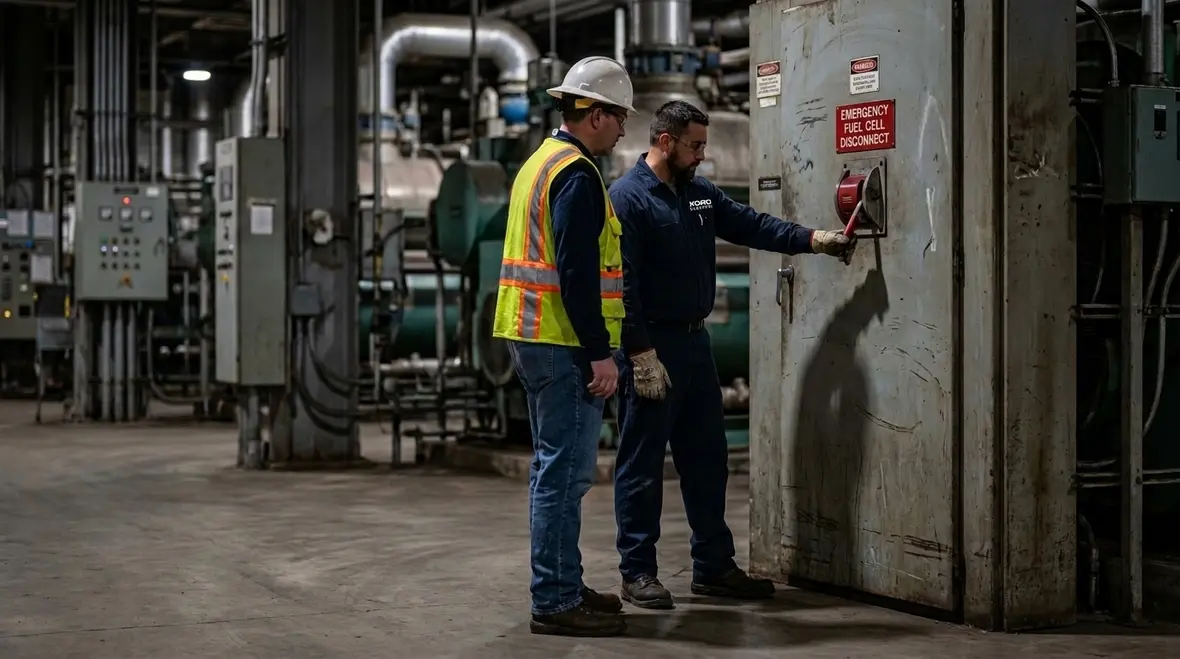 Technician reviewing NFPA 70 Section 692.13 fuel cell disconnect requirements