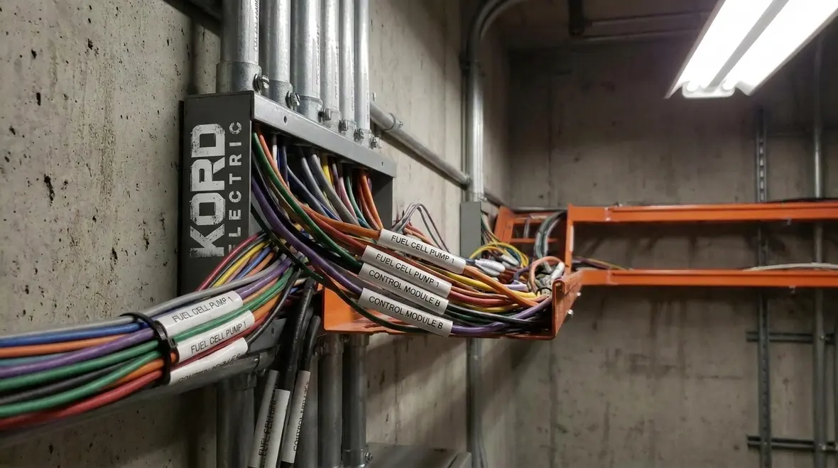 Technician inspecting fuel cell wiring conductors and raceways