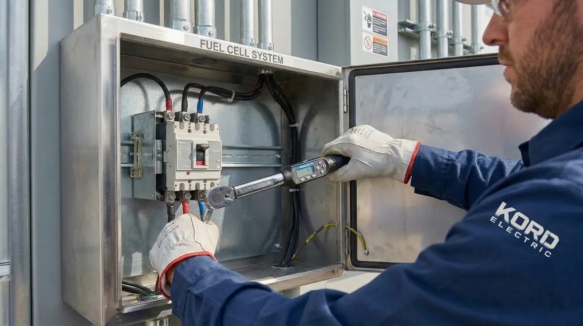 Close-up of protected fuel cell wiring terminations