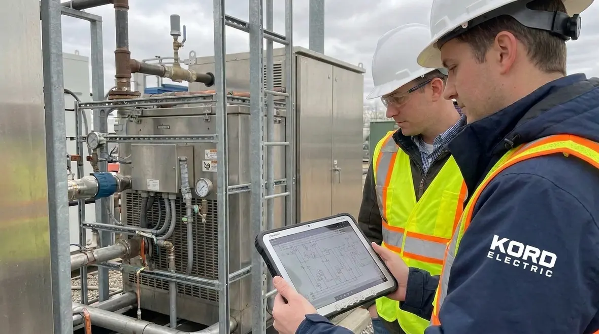 Technicians reviewing NFPA 70 Section 692.4 fuel cell installation drawings in a commercial facility