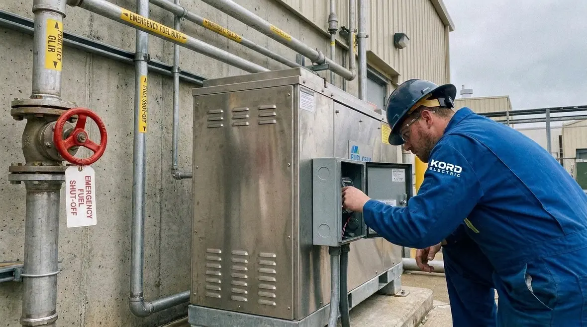 Commercial electrician reviewing NFPA 70 Section 692.51 fuel cell fuel shut-off requirements