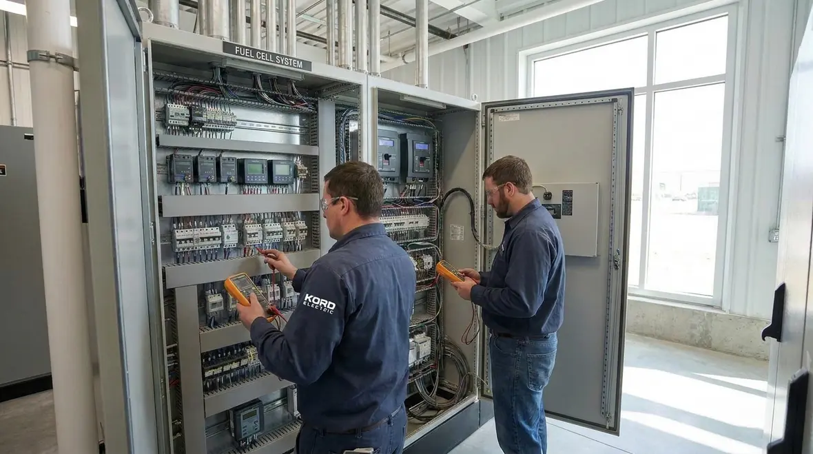 Technicians reviewing NFPA 70 Section 692.8 fuel cell circuit sizing diagrams for a commercial facility