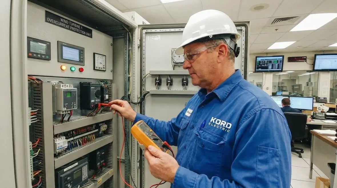Technicians reviewing NEC Section 694 wind turbine circuit diagrams