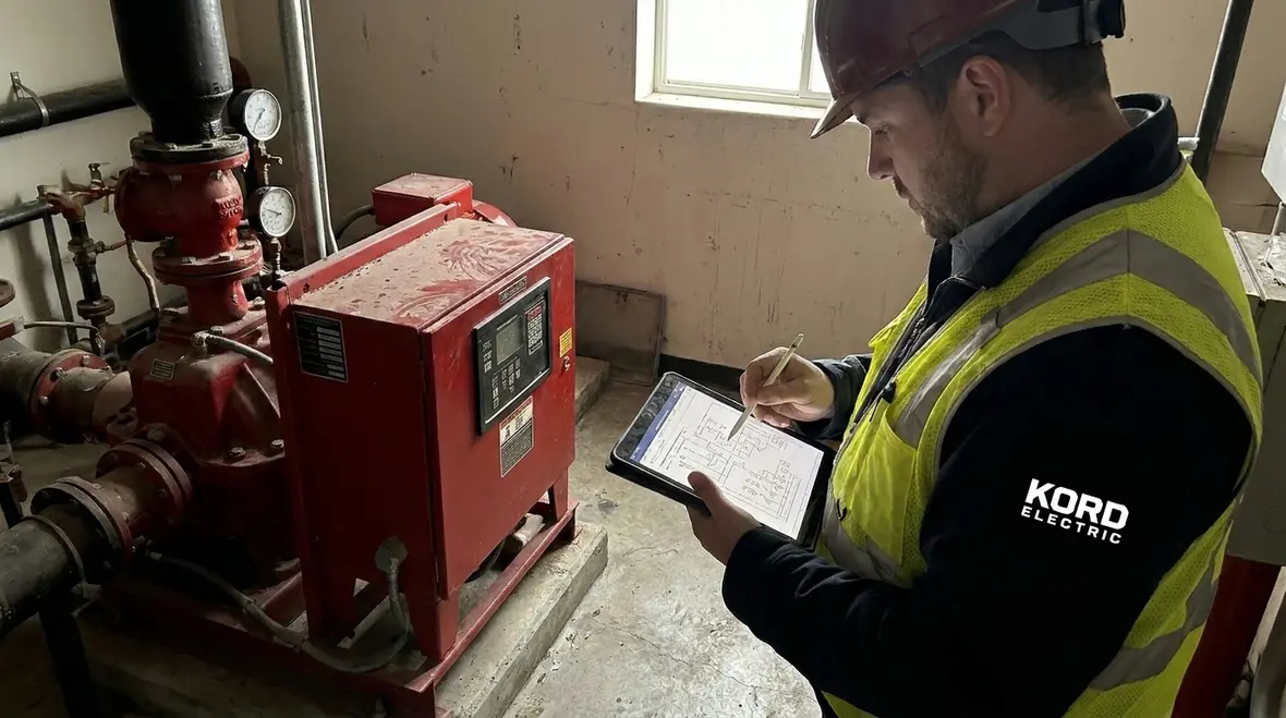 Fire pump NEC compliance workflow review in electrical room