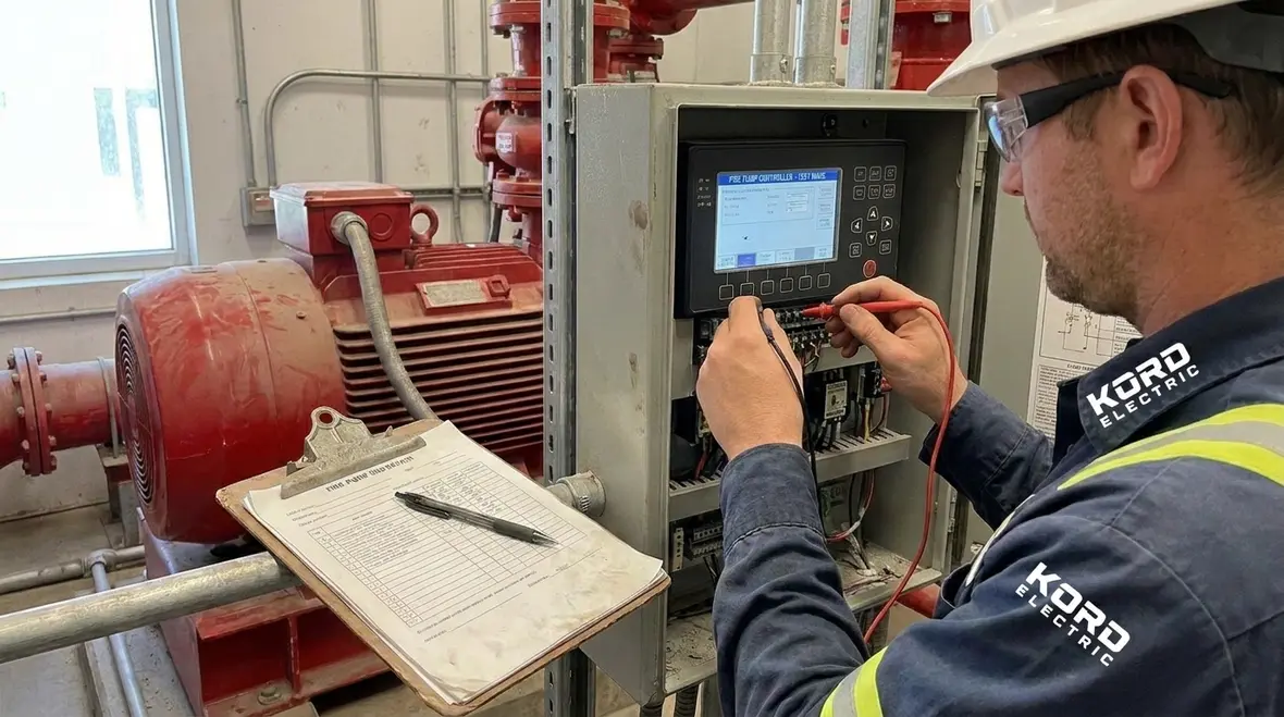 Technicians testing and monitoring fire pump electrical power sources