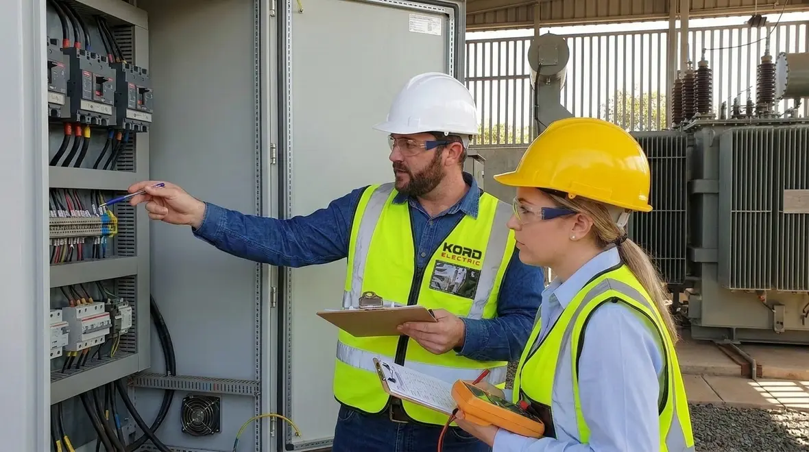 Technician verifying NEC Section 695.6 fire pump transformer installation details